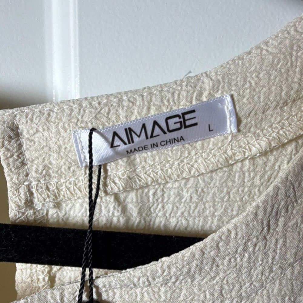 AIMAGE Beige Fit & Flare Midi Dress Button Pleated Pockets 3/4 Balloon Sleeve L - Picture 4 of 11